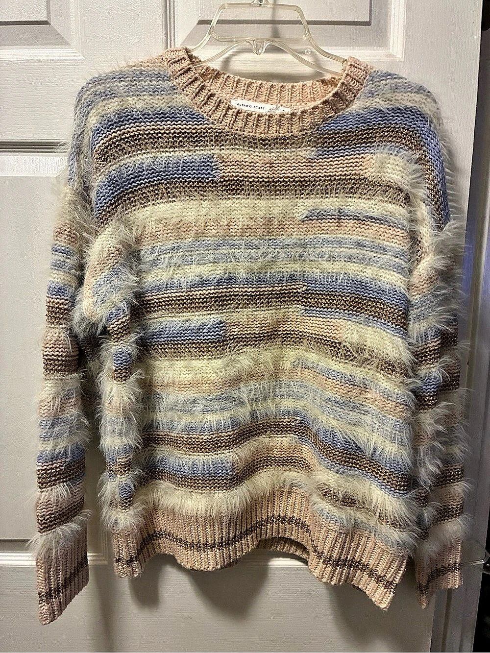 Altar'd State Striped Fuzzy Sweater in Blue & Beige Size Small